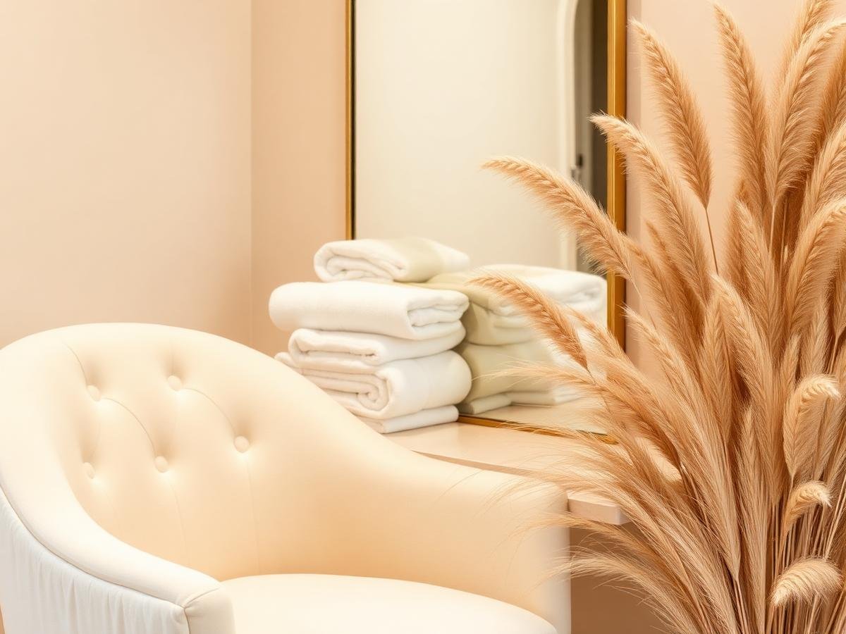 Luxury salon styling corner with cream velvet chair