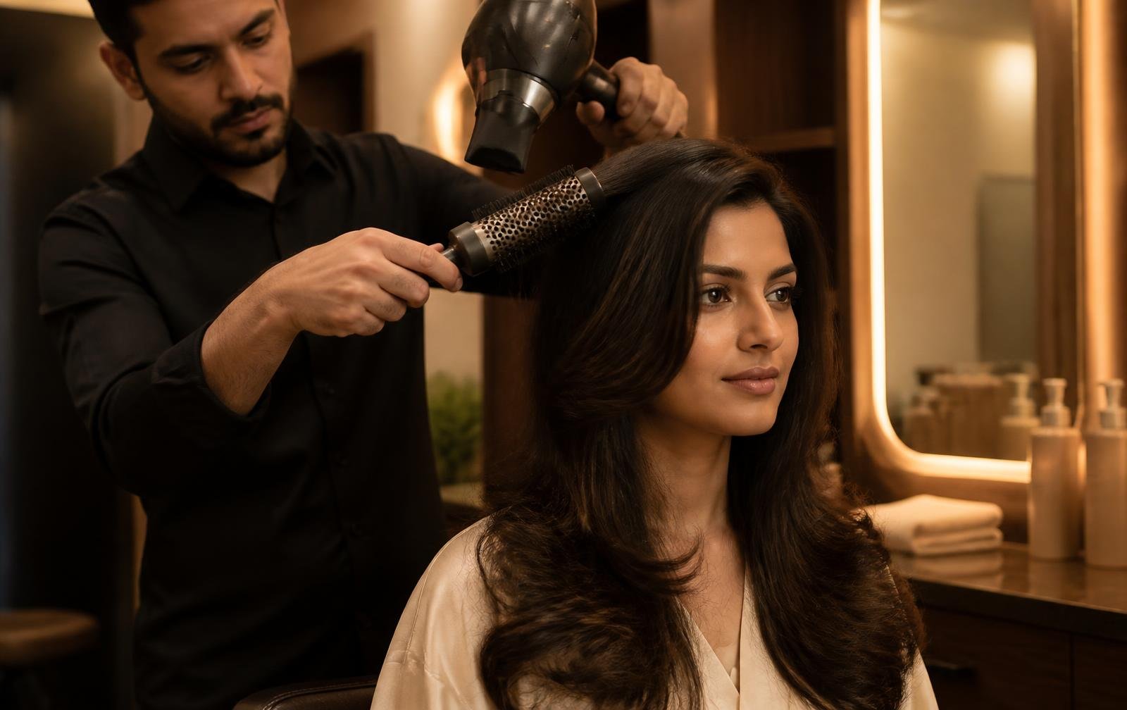 Stylist blow-drying a client's hair at Aditi salon